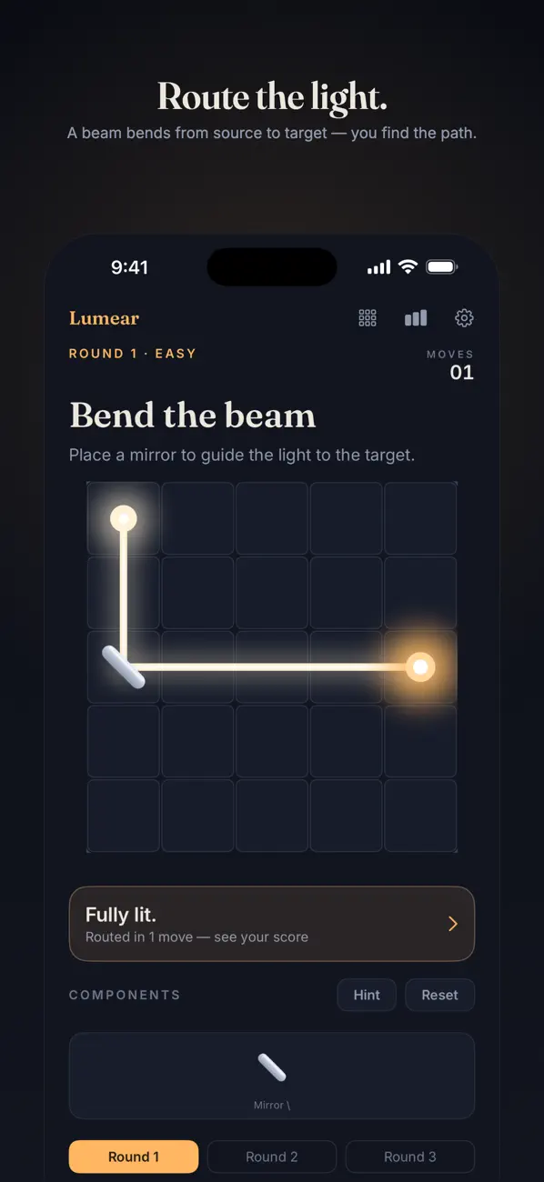 Light beam puzzle game Lumear showing a beam routed by mirrors across a grid