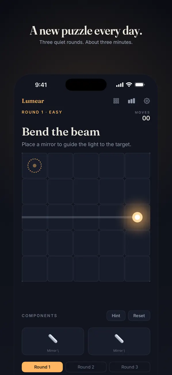A game like Lazors: Lumear's daily light routing puzzle with mirrors and prisms