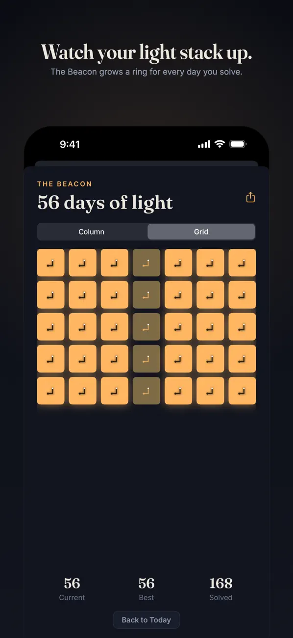 Daily puzzle game streak shown as the glowing Beacon column in Lumear