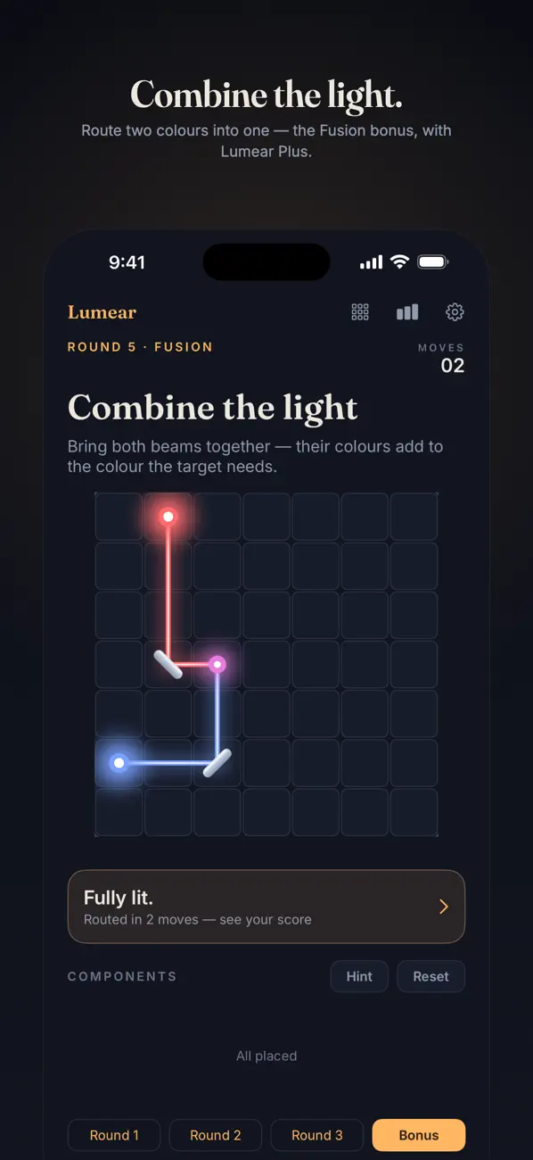 Laser puzzle game Lumear splitting a beam through a prism to light multiple targets