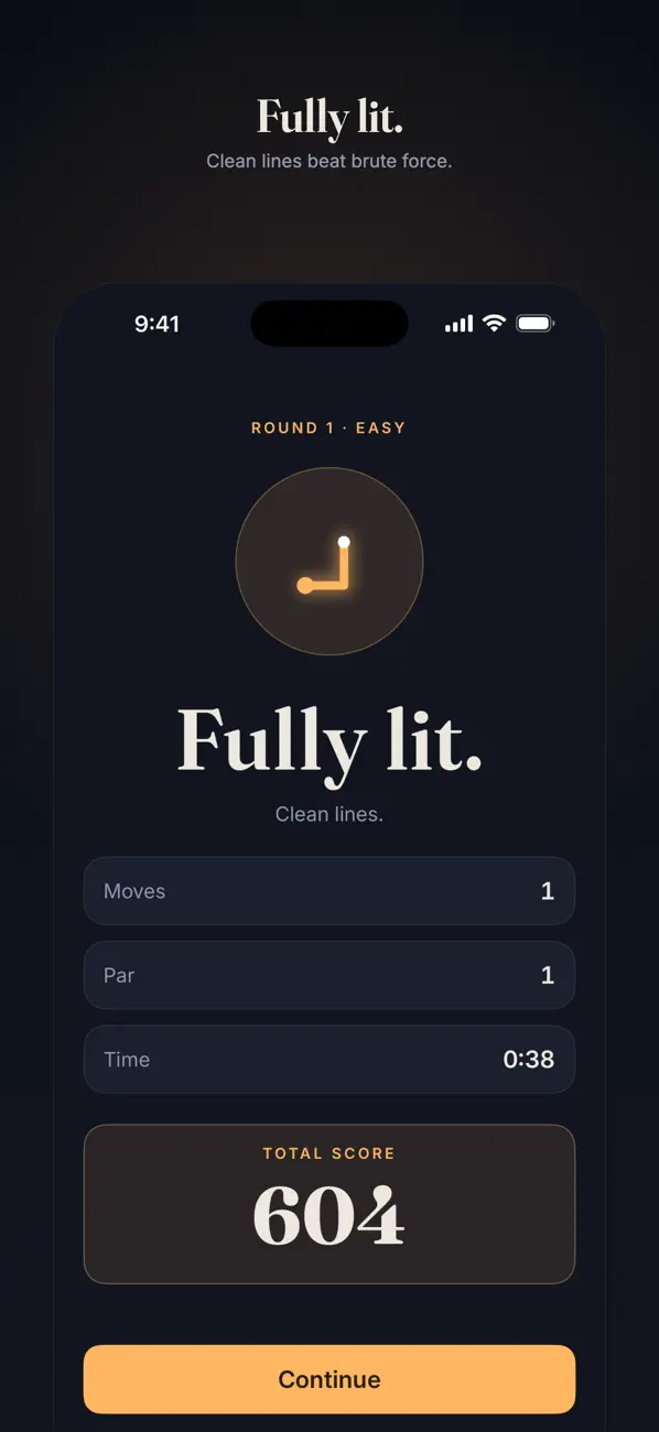 Mirror puzzle game Lumear with a fully lit board of routed beams